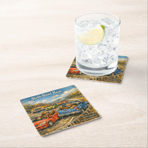 Sloth Road Rage – Rockwell‑Inspired Watercolor Car Square Paper Coaster