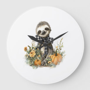 Sloth Shirt Animals Autumn Pumpkin Large Clock