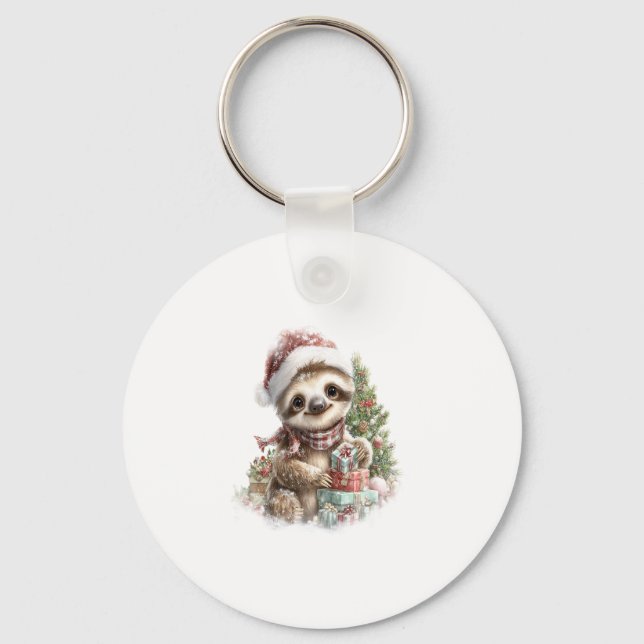 Sloth Shirt Christmas Santa Hat Keychain (Front)