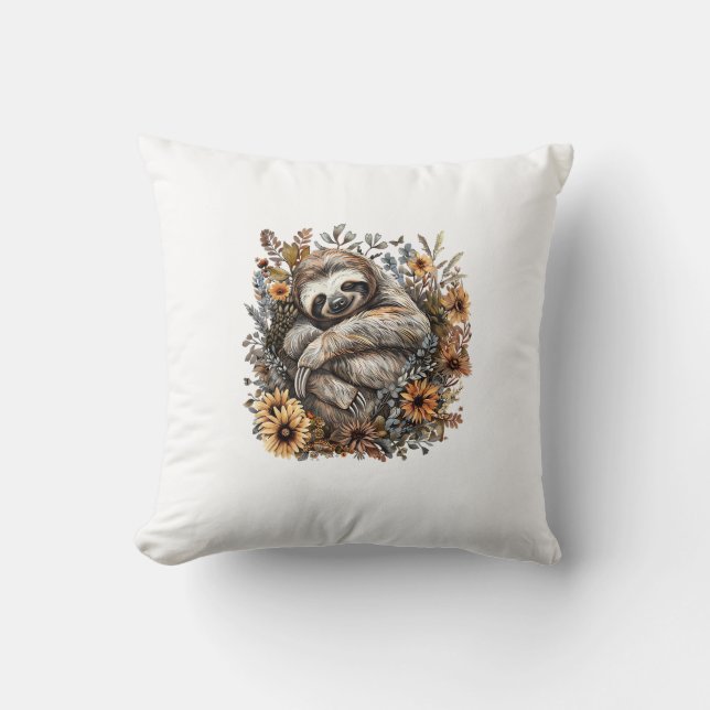 Sloth Sleeping Floral Sleepy Sloth Napping Sleepin Throw Pillow (Front)
