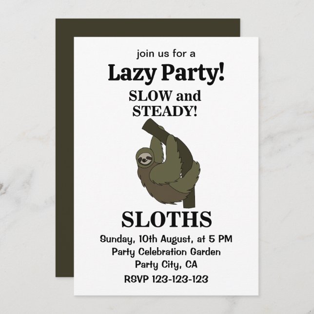 Sloth Sloths Slow And Steady Funny Sloth Invitation (Front/Back)