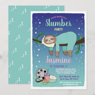 Sloth Slumber Party Birthday Teal Movies Popcorn Invitation