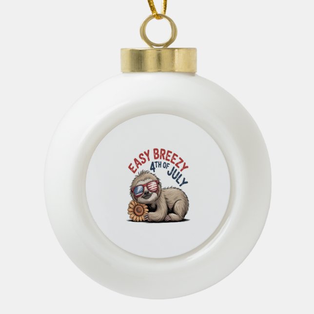 Sloth Sunflower 4th of July Ceramic Ball Christmas Ornament (Front)
