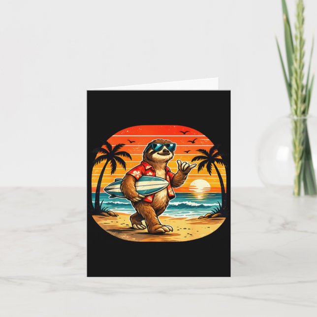Sloth surfboarder hawaii wave surfing beach card (Front)