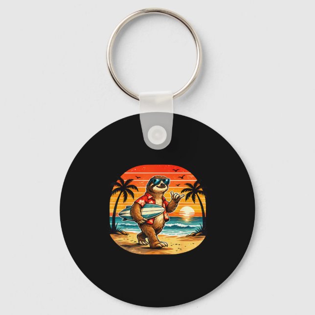 Sloth surfboarder hawaii wave surfing beach keychain (Front)