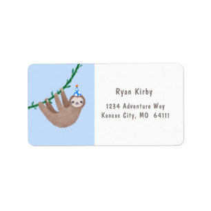 Sloth theme birthday with blue and white polka dot label