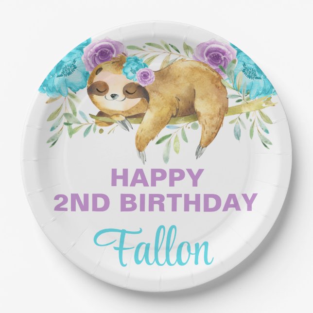 Sloth turquoise purple girl birthday paper plates. paper plate (Front)