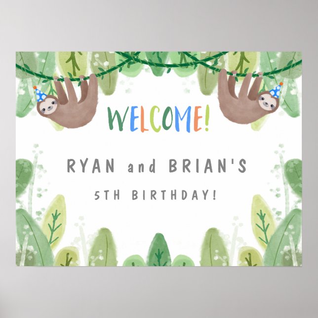 Sloth Twin Birthday Party in Blue Welcome Sign (Front)