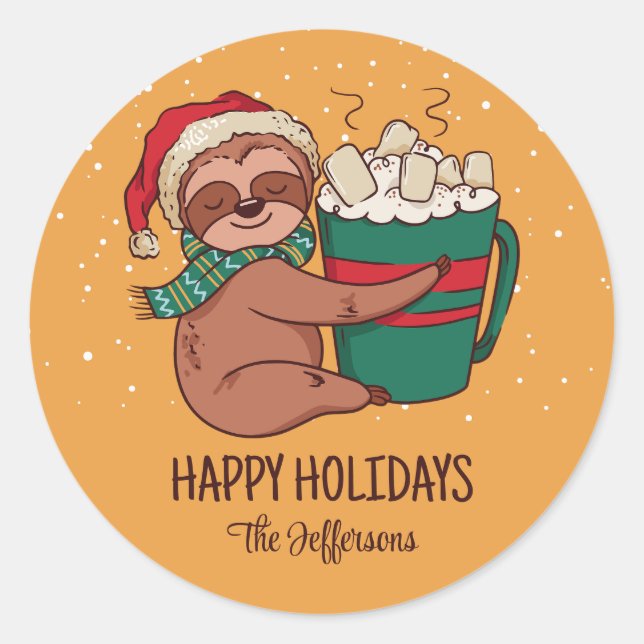 Sloth Warm Cozy Christmas Snowy Winter Holiday Classic Round Sticker (Front)