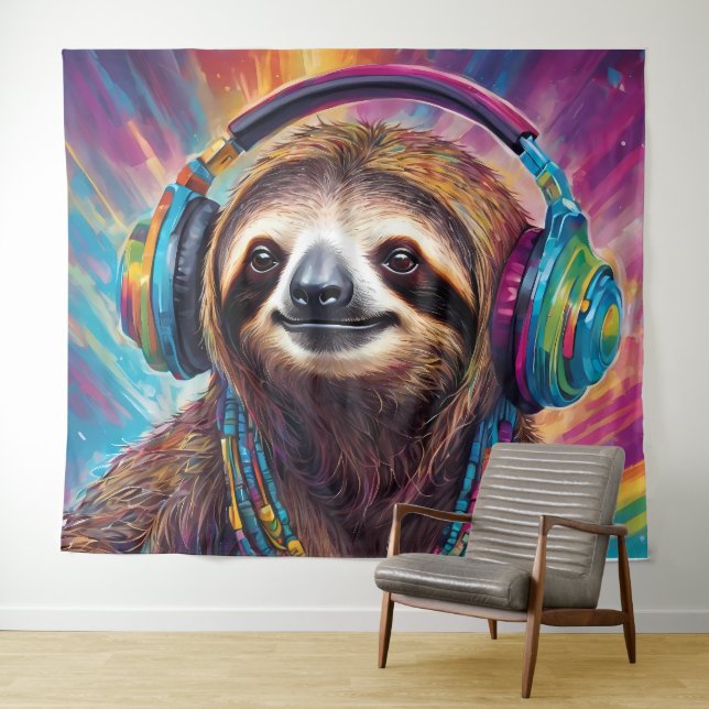 Sloth Wearing Headphones Tapestry (In Situ (Horizontal))