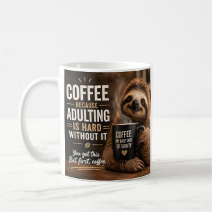 Sloth with an interesting view towards coffee mug
