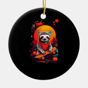 Sloth with skateboard on halloween night Classic T Ceramic Ornament