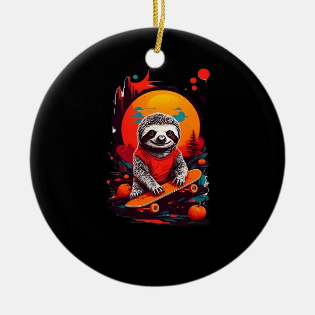 Sloth with skateboard on halloween night Classic T Ceramic Ornament (Front)