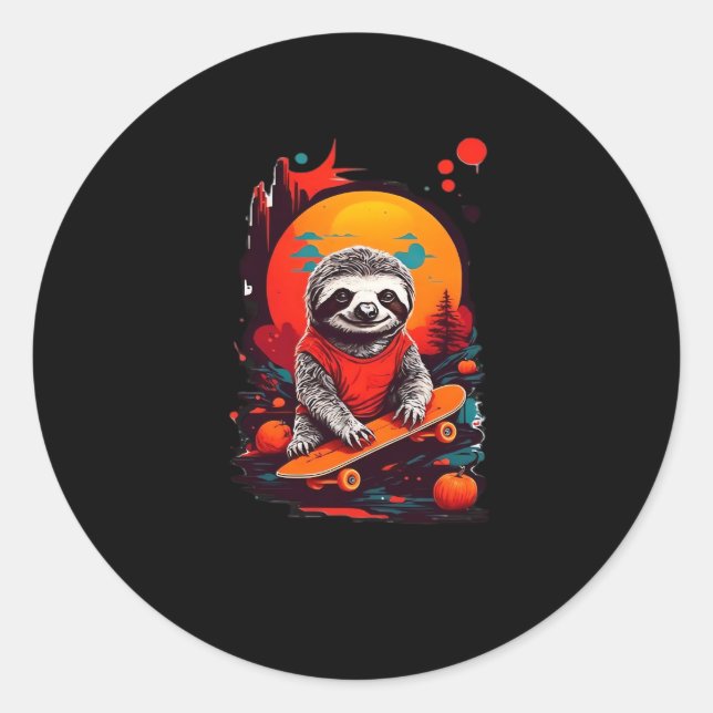 Sloth with skateboard on halloween night Classic T Classic Round Sticker (Front)
