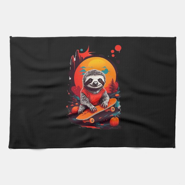 Sloth with skateboard on halloween night Classic T Kitchen Towel (Horizontal)