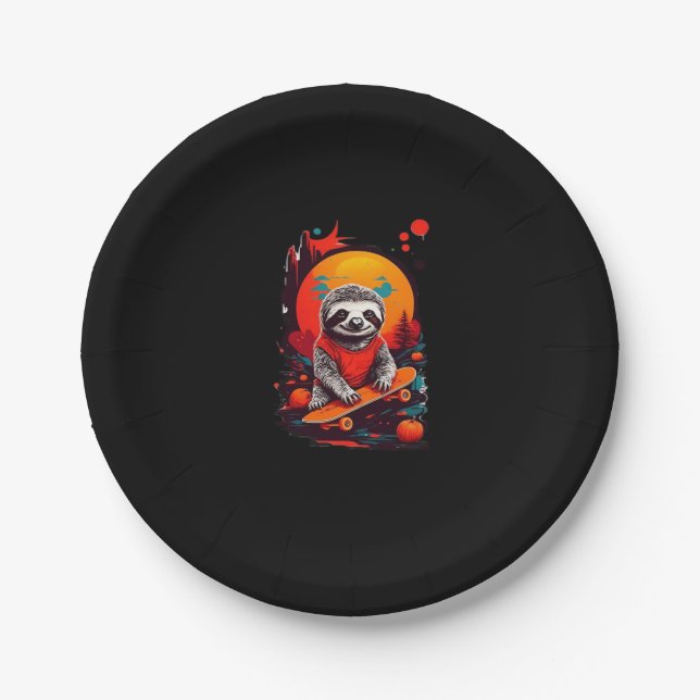 Sloth with skateboard on halloween night Classic T Paper Plate (Front)
