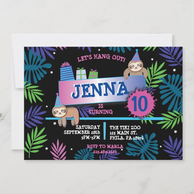 SLOTH ZOO JUNGLE Invitation de fête d'anniversaire (Devant)