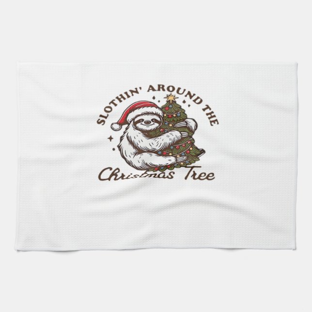 Slothin Around the Christmas Tree, Funny Christmas Kitchen Towel (Horizontal)