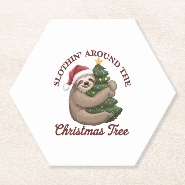 Slothin' Around the Christmas Tree Paper Coaster (Front)