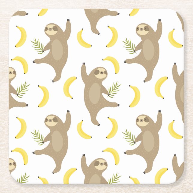 Sloths & Bananas Pattern Square Paper Coaster (Front)