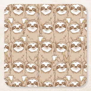 Sloths & Coffee Pattern Square Paper Coaster