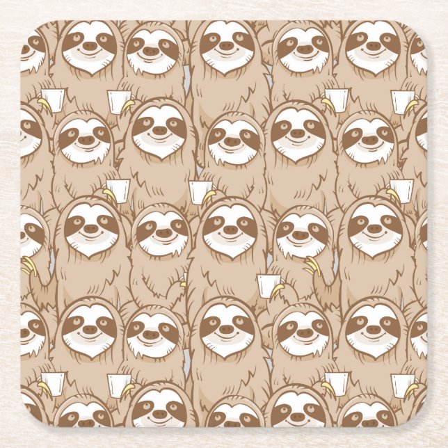 Sloths & Coffee Pattern Square Paper Coaster (Front)