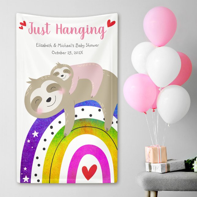 Sloths Girl Baby Shower Boho Rainbow Pink Cute Banner (Creator Uploaded)