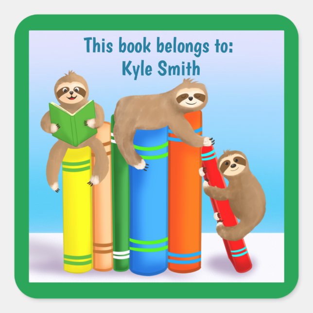 Sloth's Reading Books Personalized Bookplate Square Sticker (Front)