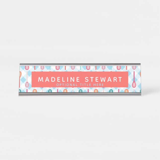 Slotted Spoons and Gingham Whimsical Personalized Desk Name Plate (Front)