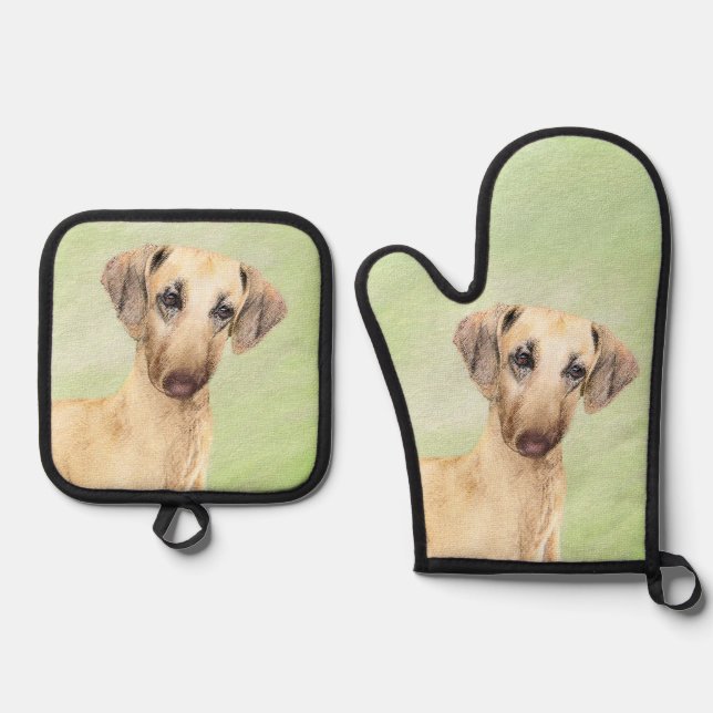 Sloughi Painting Golden Sand Cute Original Dog Art Oven Mitt & Pot Holder Set (Front)