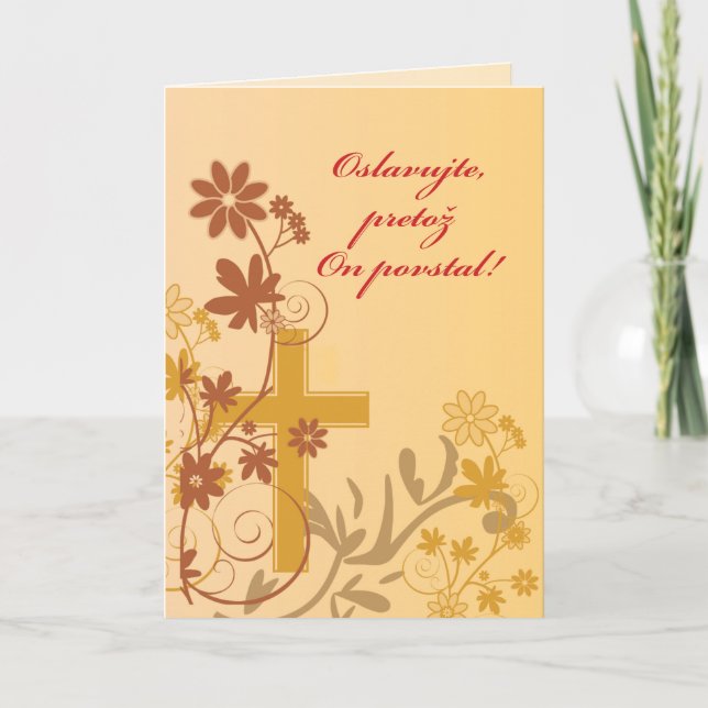 Slovak Easter Cross, Swirls, Flowers & Leaves Holiday Card (Front)