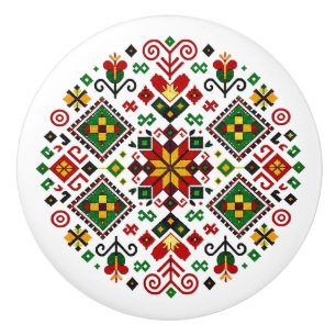 Slovakian Čičmany Stitched Folk Art Ceramic Knob