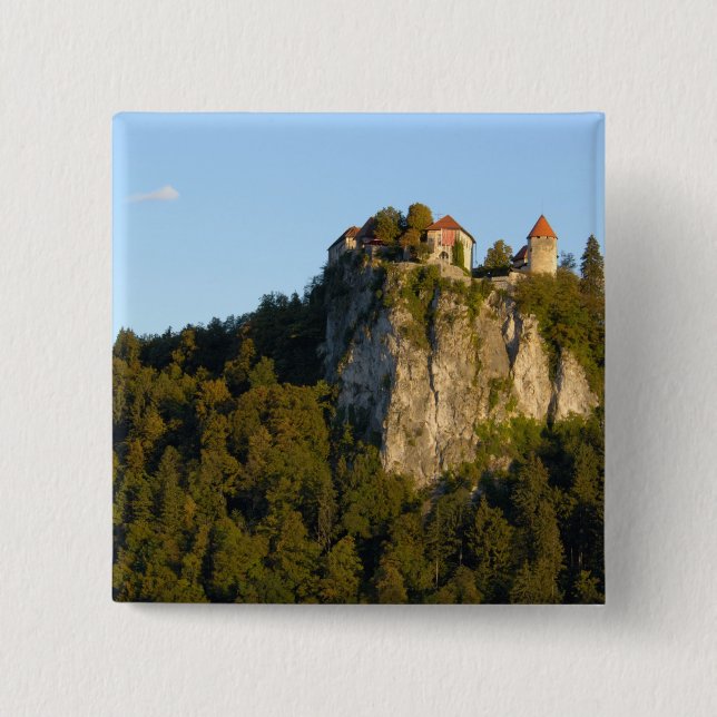 Slovenia, Bled, Lake Bled, Bled Castle on 2 Inch Square Button (Front)
