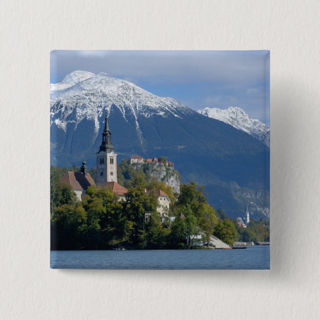 Slovenia, Bled, Lake Bled, Bled Island, Bled 2 Inch Square Button (Front)
