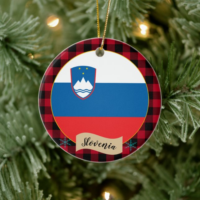 Slovenia, Red buffalo plaid & Slovenian Flag Ceramic Ornament (Tree)