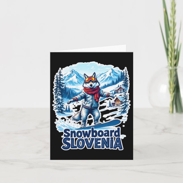 Slovenia Snowboarding Wolf With Mountains  Card (Front)