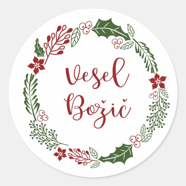 Slovenian Merry Christmas Wreath, Vesel Božič Classic Round Sticker (Front)