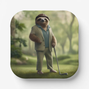 "Slow and Steady: A Sloth Is Dressed for Golf Paper Plate