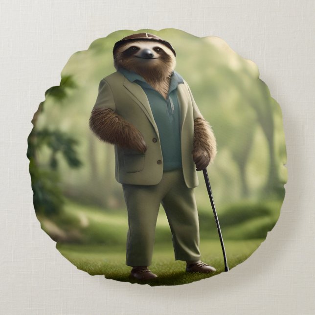 "Slow and Steady: A Sloth Is Dressed for Golf  Round Pillow (Front)