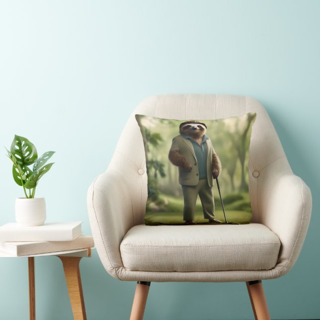 "Slow and Steady: A Sloth Is Dressed for Golf  Throw Pillow (Chair)
