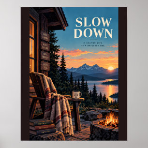 Slow Down Cozy Cabin Retreat Illustrative Art with Poster
