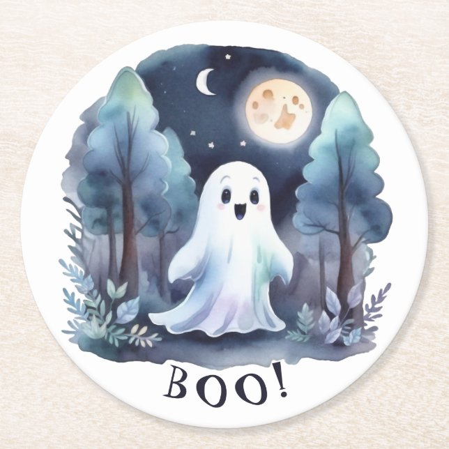 Slow Ghost in Halloween Forest Round Paper Coaster (Front)