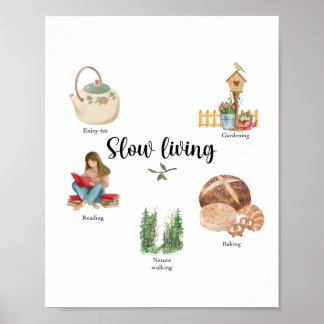 Slow Living Watercolor Illustration – Cozy Cotage  Poster