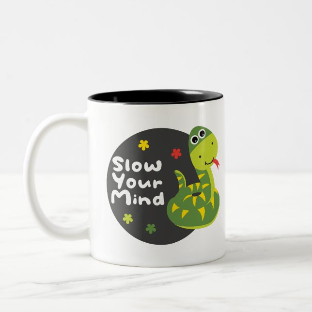 Slow your mind Kawaii funny green snake  Two-Tone Coffee Mug (Left)