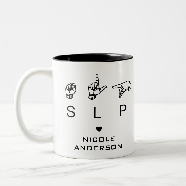 SLP Speech Language Pathologist ASL Personalized Two-Tone Coffee Mug (Left)