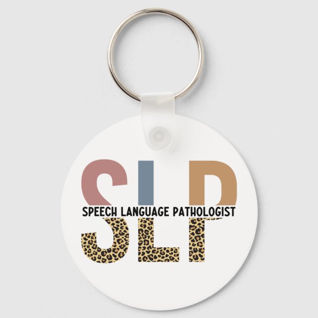 SLP Speech Pathologist Leopard Print Typography Keychain (Front)