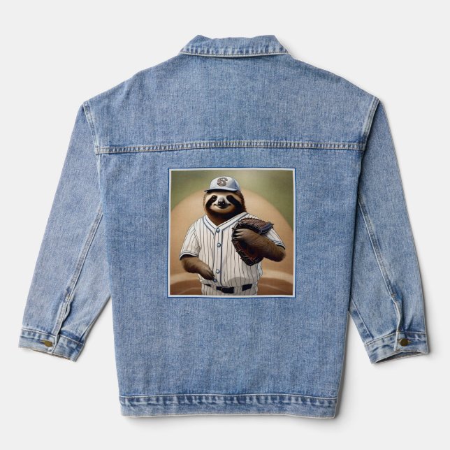 "Slugger Sloth: Slow and Steady at the Plate" Denim Jacket (Back)