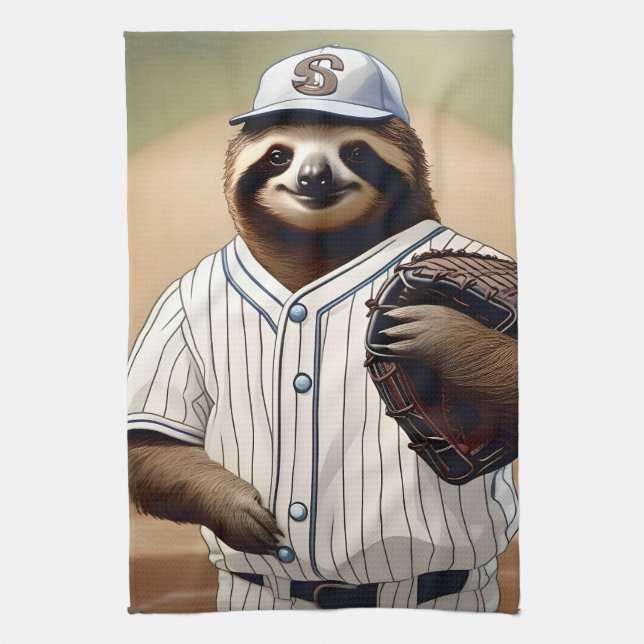 "Slugger Sloth: Slow and Steady at the Plate" Kitchen Towel (Vertical)