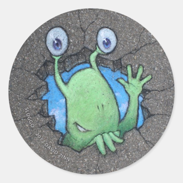 Sluggo breaks through classic round sticker (Front)