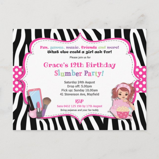 Slumber Birthday Party Zebra Print Girl Invitation Postcard (Front)